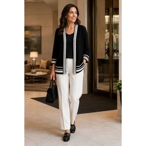 Misook Chain Trim Open Front Knit Jacket Cardigan Black White 3/4 Sleeve Small